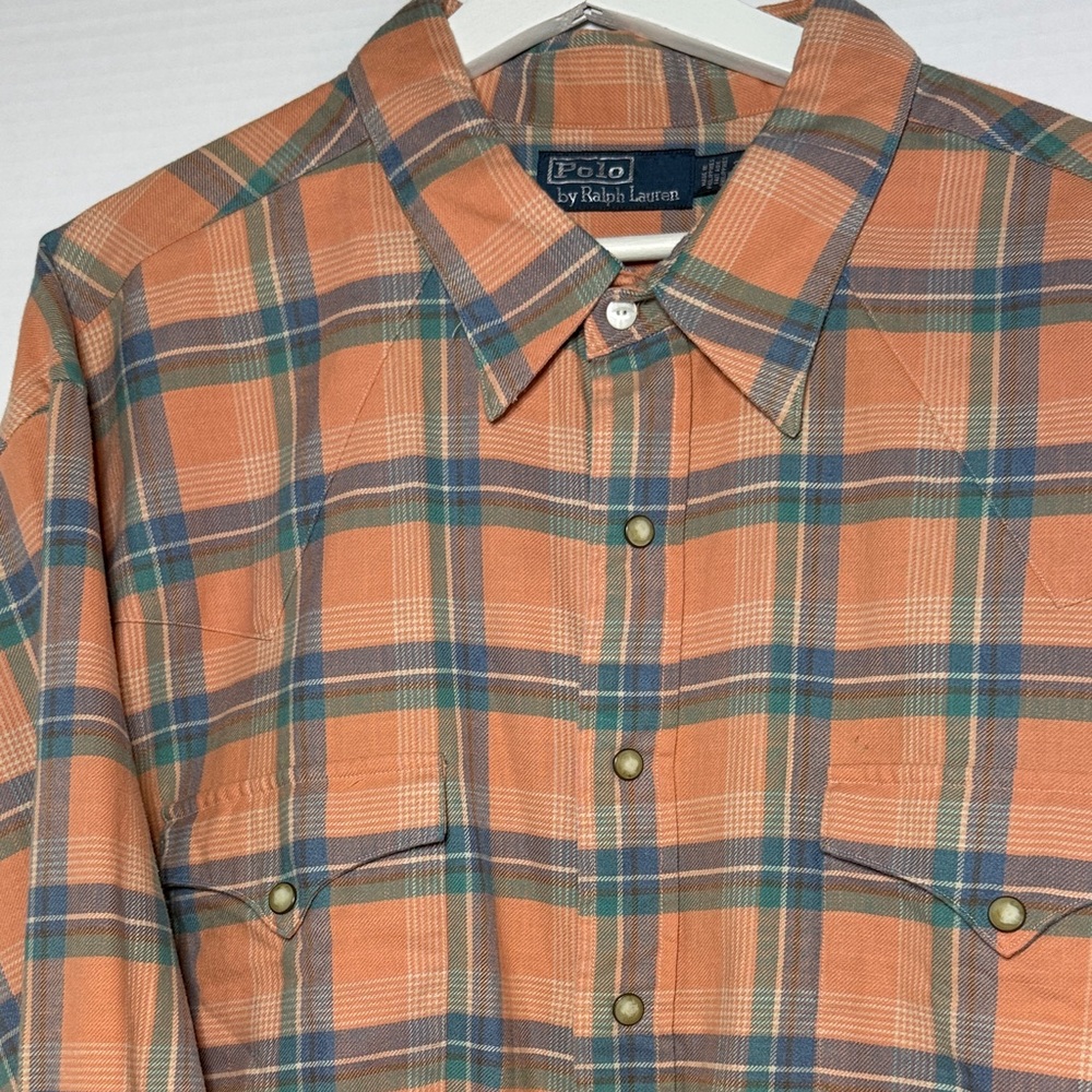 Ralph Lauren Peach and Blue Plaid Shirt with pearl snap buttons. NWOT